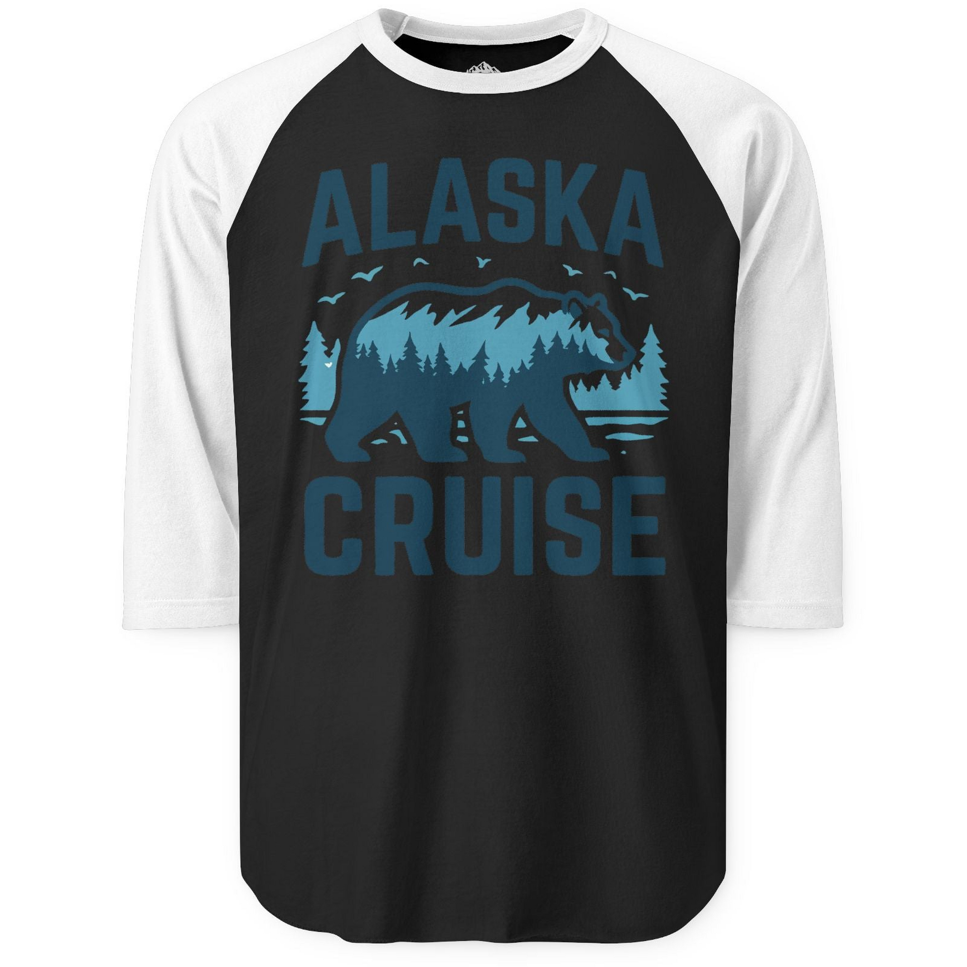 Alaska Cruise Shirt Bear Silhouette Forest Wildlife Nature Tee — 3/4 Sleeve 3/4 Sleeve Raglan Shirt – Black/White – Alaska Cruise Shirts