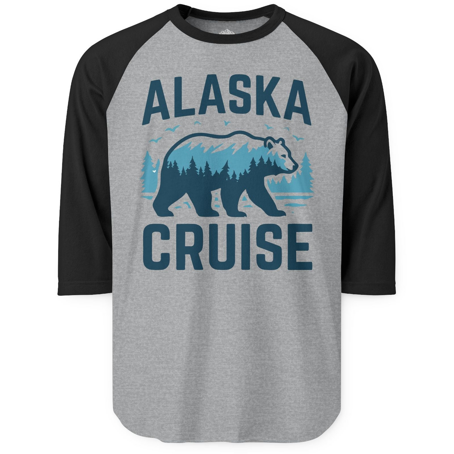 Alaska Cruise Shirt Bear Silhouette Forest Wildlife Nature Tee — 3/4 Sleeve 3/4 Sleeve Raglan Shirt – Heather Grey/Black – Alaska Cruise Shirts
