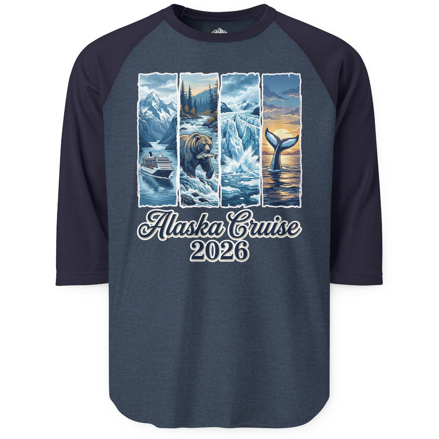 Alaska Cruise 2026 Scenic Wildlife Adventure Souvenir Shirt — 3/4 Sleeve 3/4 Sleeve Raglan Shirt – Heather Denim/Navy – Alaska Cruise Shirts