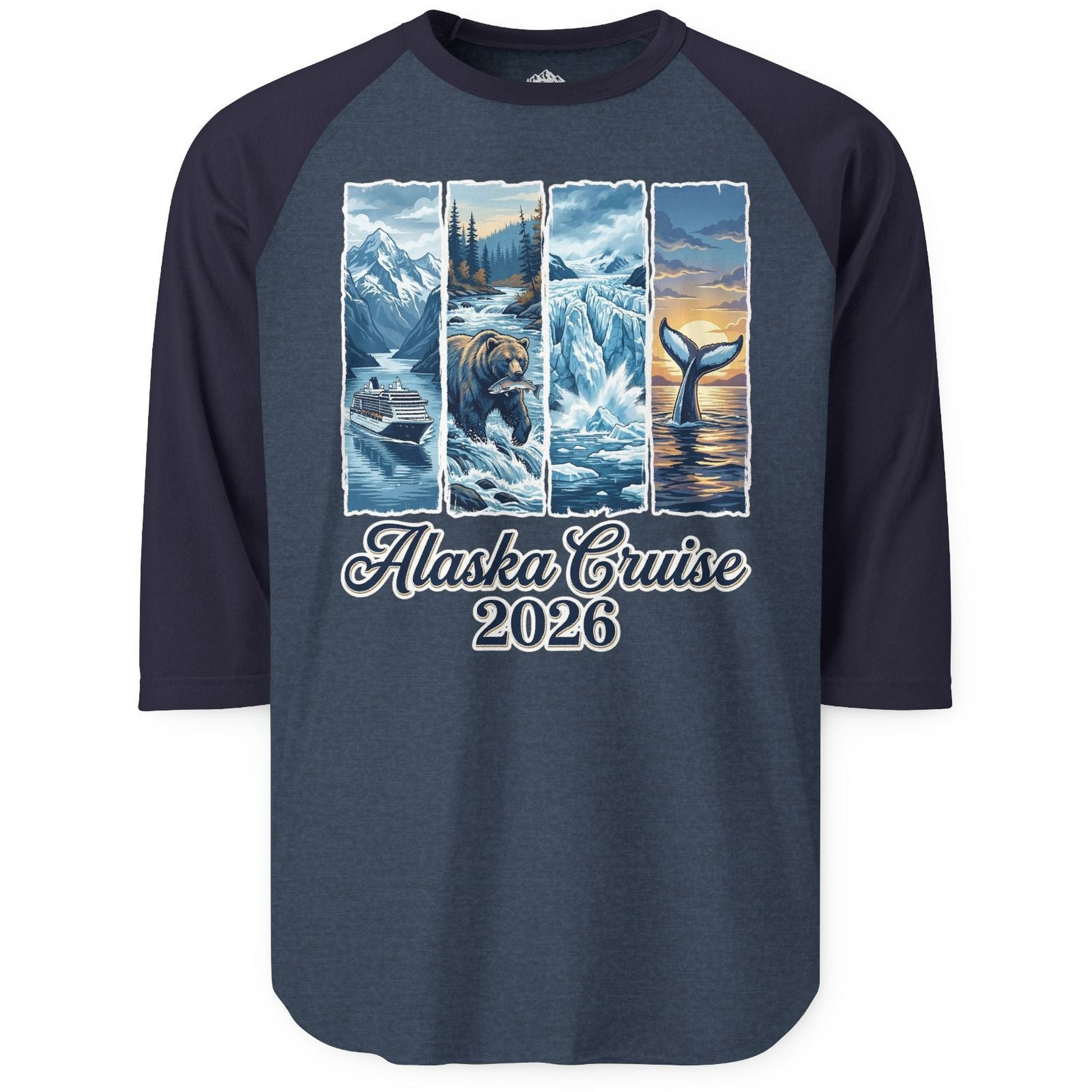 Alaska Cruise 2026 Scenic Wildlife Adventure Souvenir Shirt — 3/4 Sleeve 3/4 Sleeve Raglan Shirt – Heather Denim/Navy – Alaska Cruise Shirts
