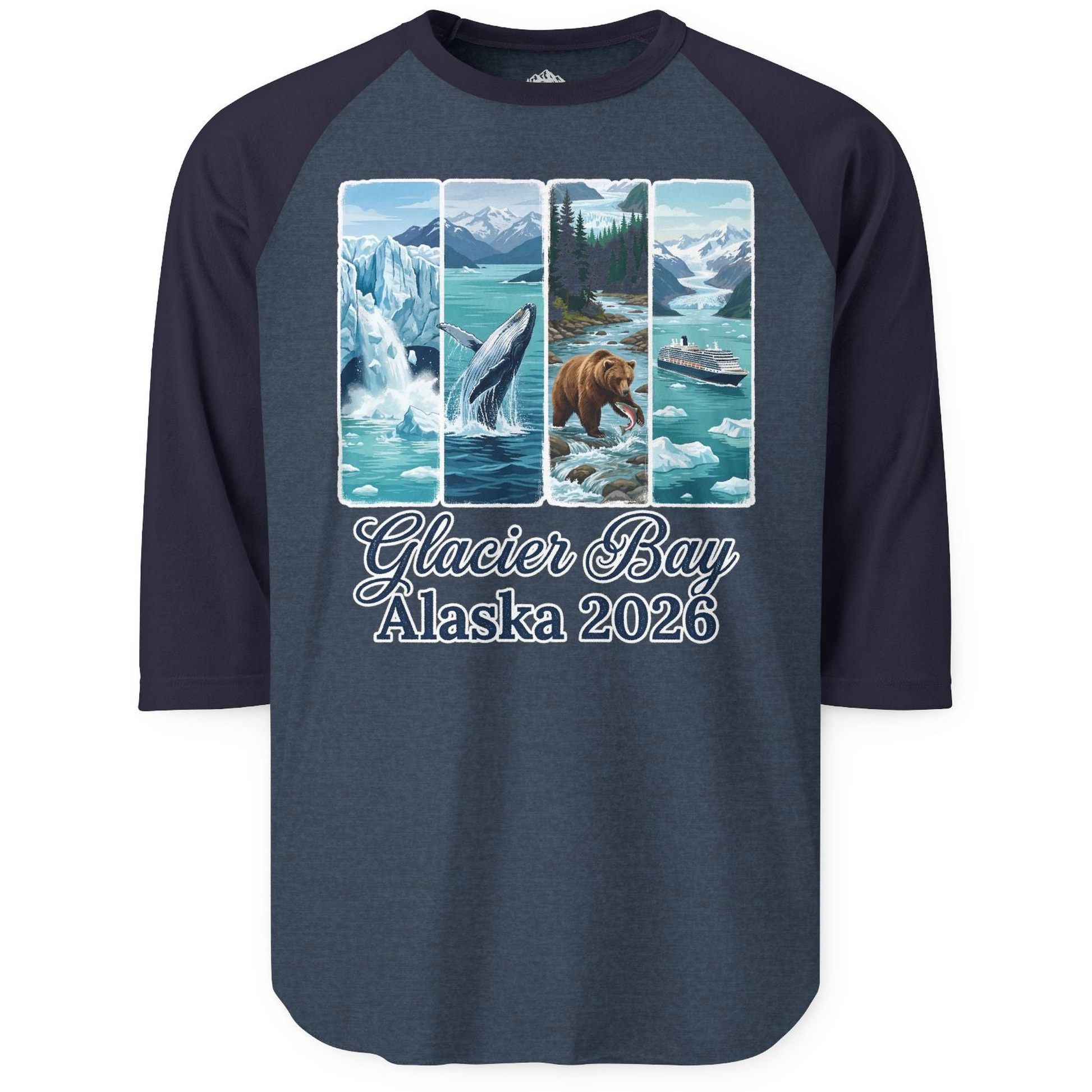 Glacier Bay Alaska 2026 Cruise Nature Wildlife Adventure Shirt — 3/4 Sleeve 3/4 Sleeve Raglan Shirt – Heather Denim/Navy – Alaska Cruise Shirts