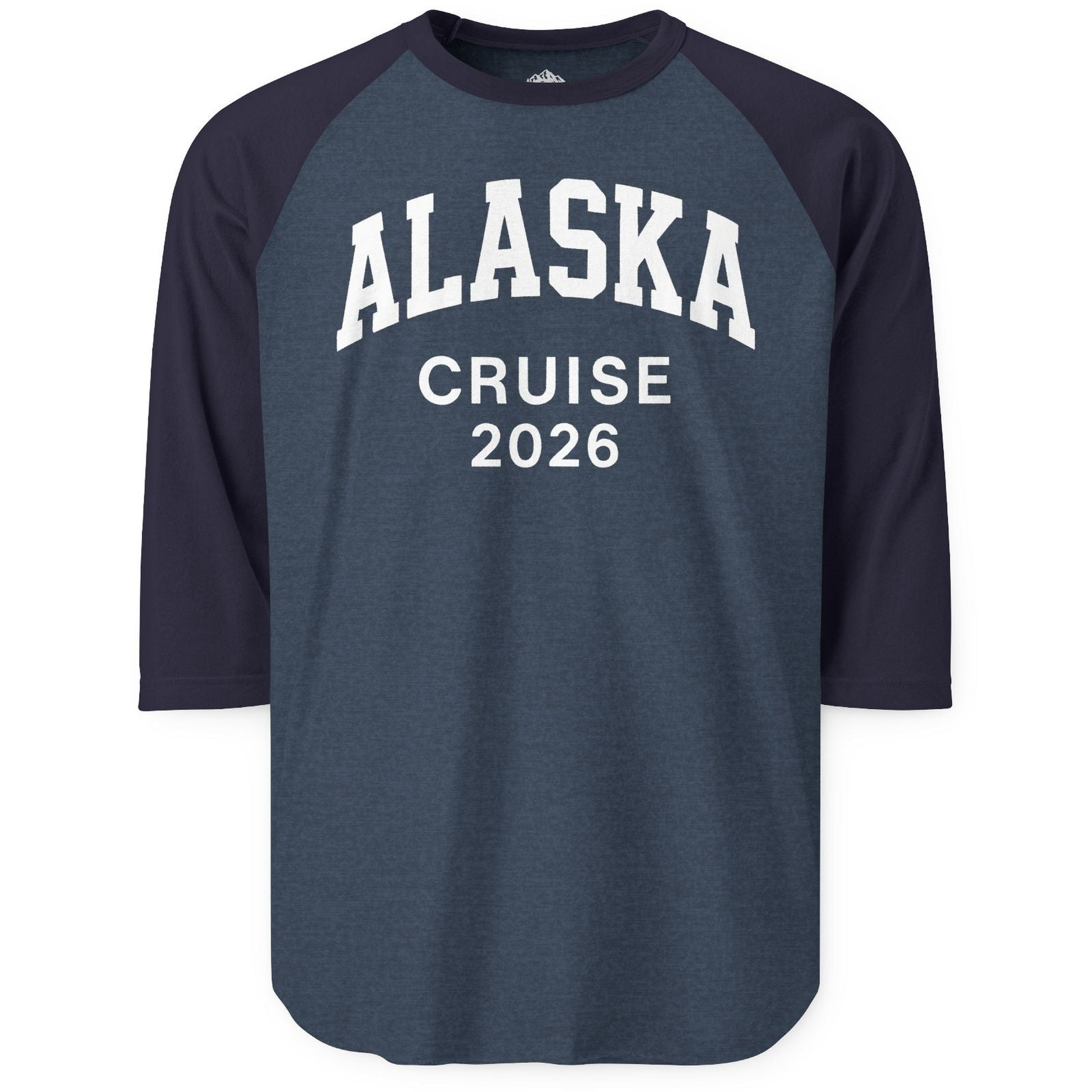 Alaska Cruise 2026 Bold Collegiate Vacation Travel Shirt — 3/4 Sleeve 3/4 Sleeve Raglan Shirt – Heather Denim/Navy – Alaska Cruise Shirts