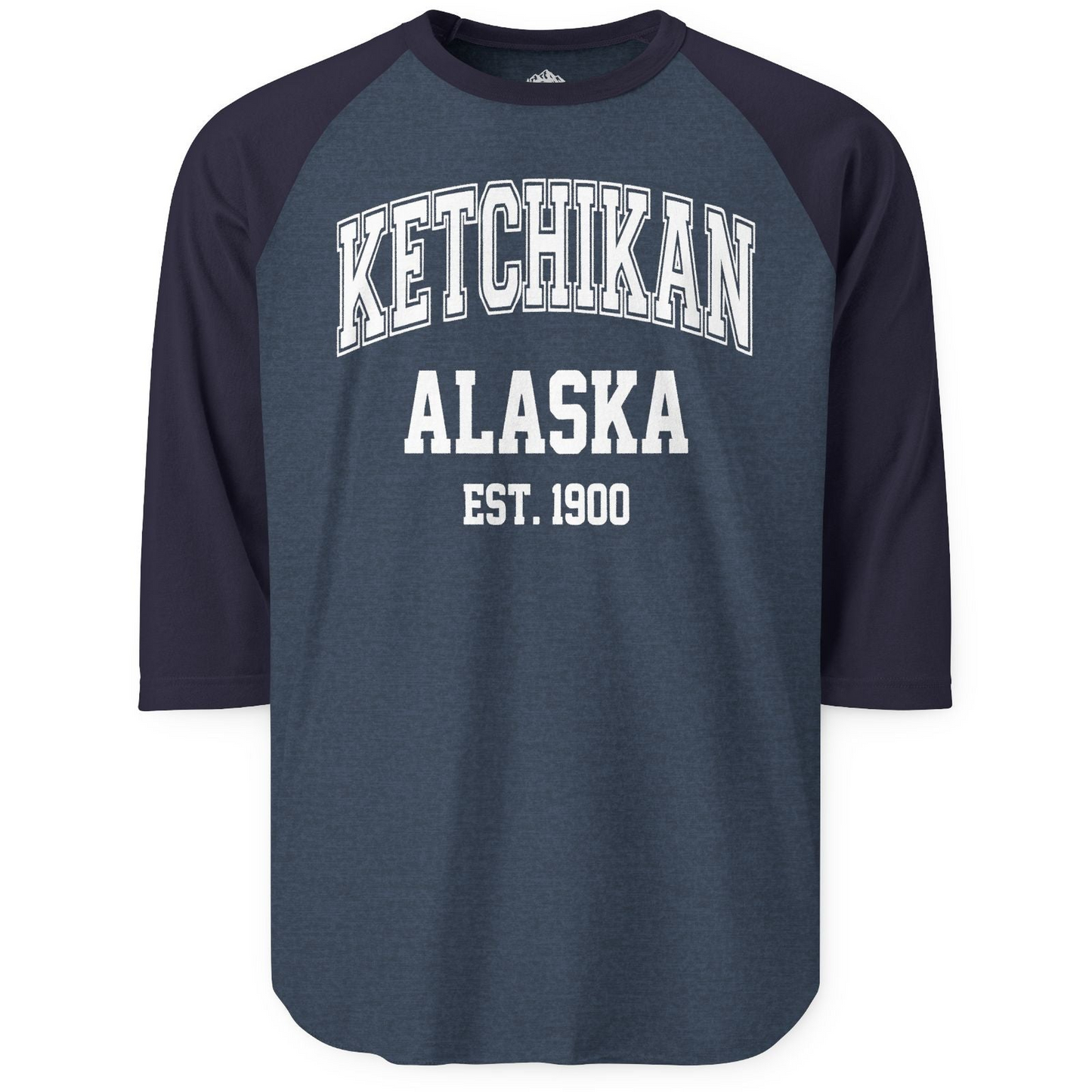 Ketchikan Alaska Collegiate Style Est 1900 Vintage Tee Shirt — 3/4 Sleeve 3/4 Sleeve Raglan Shirt – Heather Denim/Navy – Alaska Cruise Shirts