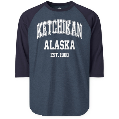 Ketchikan Alaska Collegiate Style Est 1900 Vintage Tee Shirt — 3/4 Sleeve 3/4 Sleeve Raglan Shirt – Heather Denim/Navy – Alaska Cruise Shirts