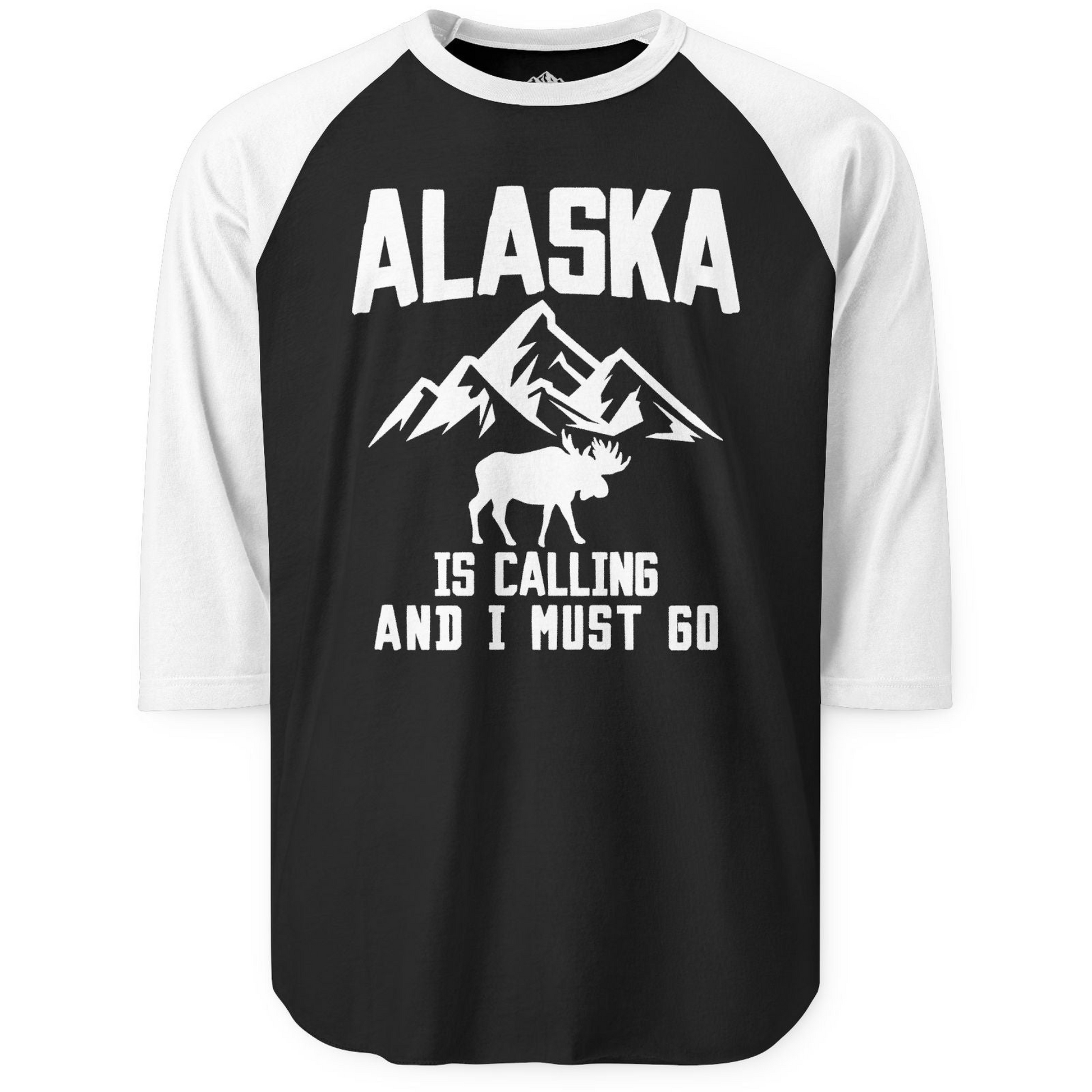 Alaska Is Calling Moose Mountains Adventure Silhouette Nature Shirt 3/4 Sleeve Raglan Shirt – Black/White – Alaska Cruise Shirts