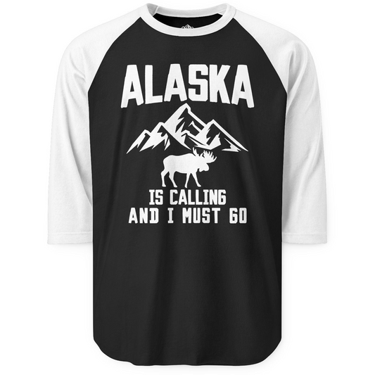 Alaska Is Calling Moose Mountains Adventure Silhouette Nature Shirt 3/4 Sleeve Raglan Shirt – Black/White – Alaska Cruise Shirts