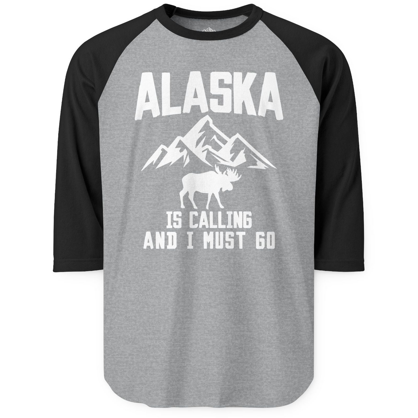 Alaska Is Calling Moose Mountains Adventure Silhouette Nature Shirt 3/4 Sleeve Raglan Shirt – Heather Grey/Black – Alaska Cruise Shirts