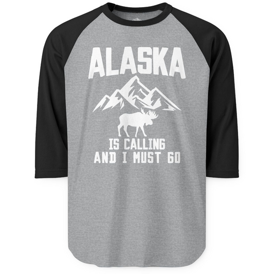 Alaska Is Calling Moose Mountains Adventure Silhouette Nature Shirt 3/4 Sleeve Raglan Shirt – Heather Grey/Black – Alaska Cruise Shirts