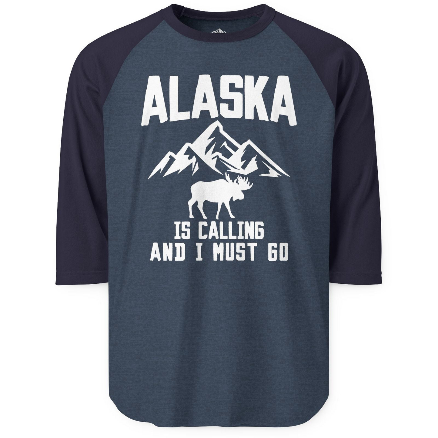 Alaska Is Calling Moose Mountains Adventure Silhouette Nature Shirt 3/4 Sleeve Raglan Shirt – Heather Denim/Navy – Alaska Cruise Shirts