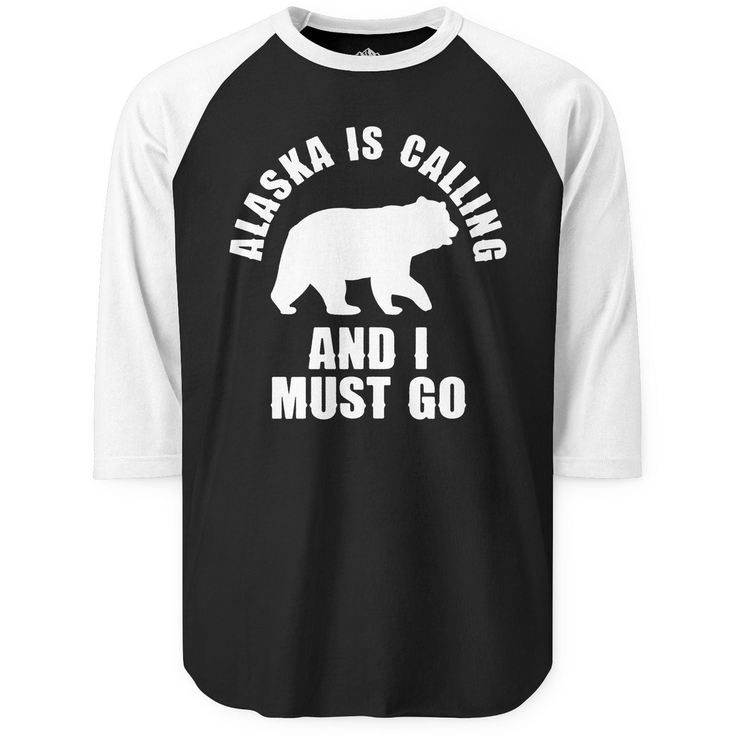 Alaska Is Calling Bear Silhouette Adventure Shirt - Bold Travel Quote Tee 3/4 Sleeve Raglan Shirt – Black/White – Alaska Cruise Shirts