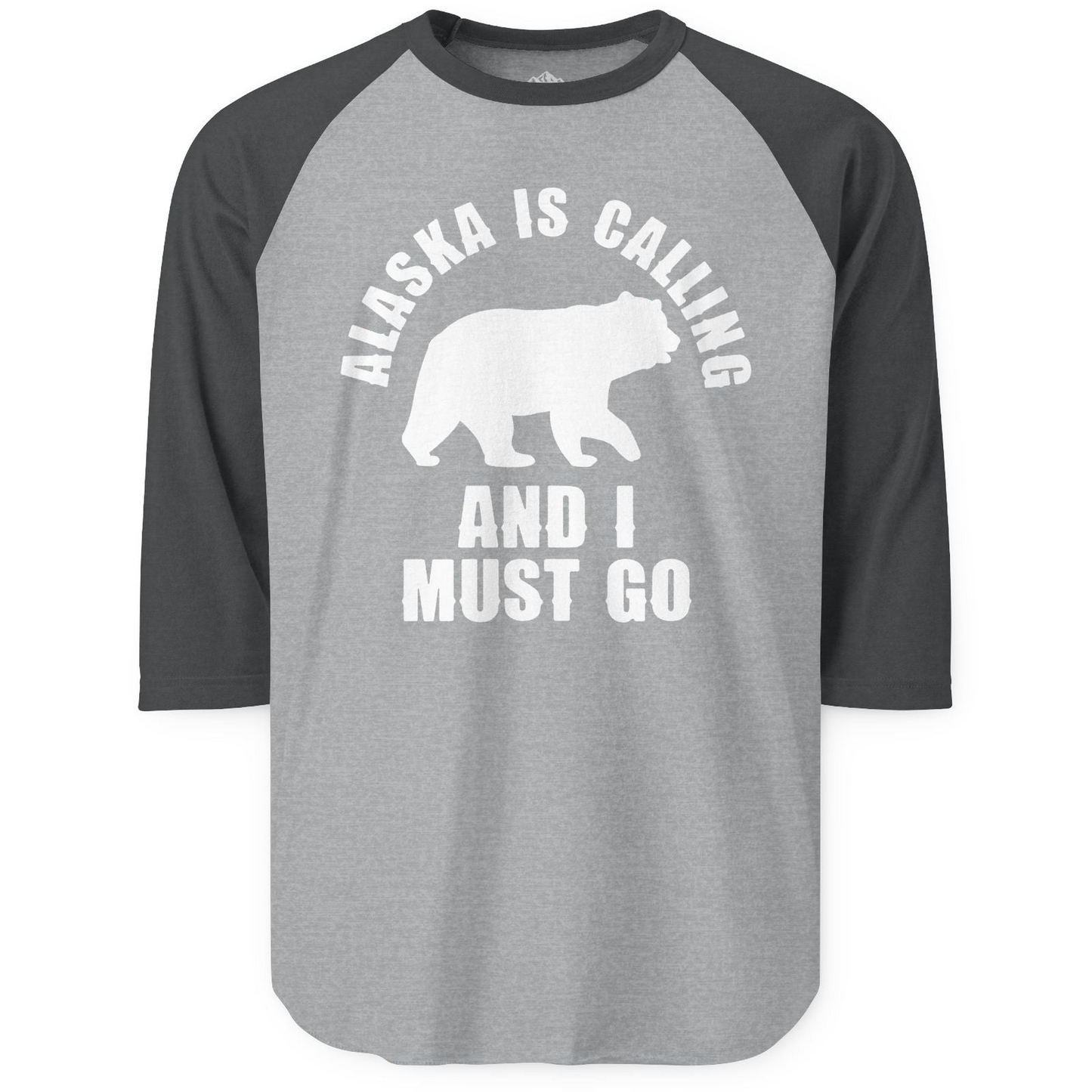 Alaska Is Calling Bear Silhouette Adventure Shirt - Bold Travel Quote Tee 3/4 Sleeve Raglan Shirt – Heather Grey/Heather Charcoal – Alaska Cruise Shirts