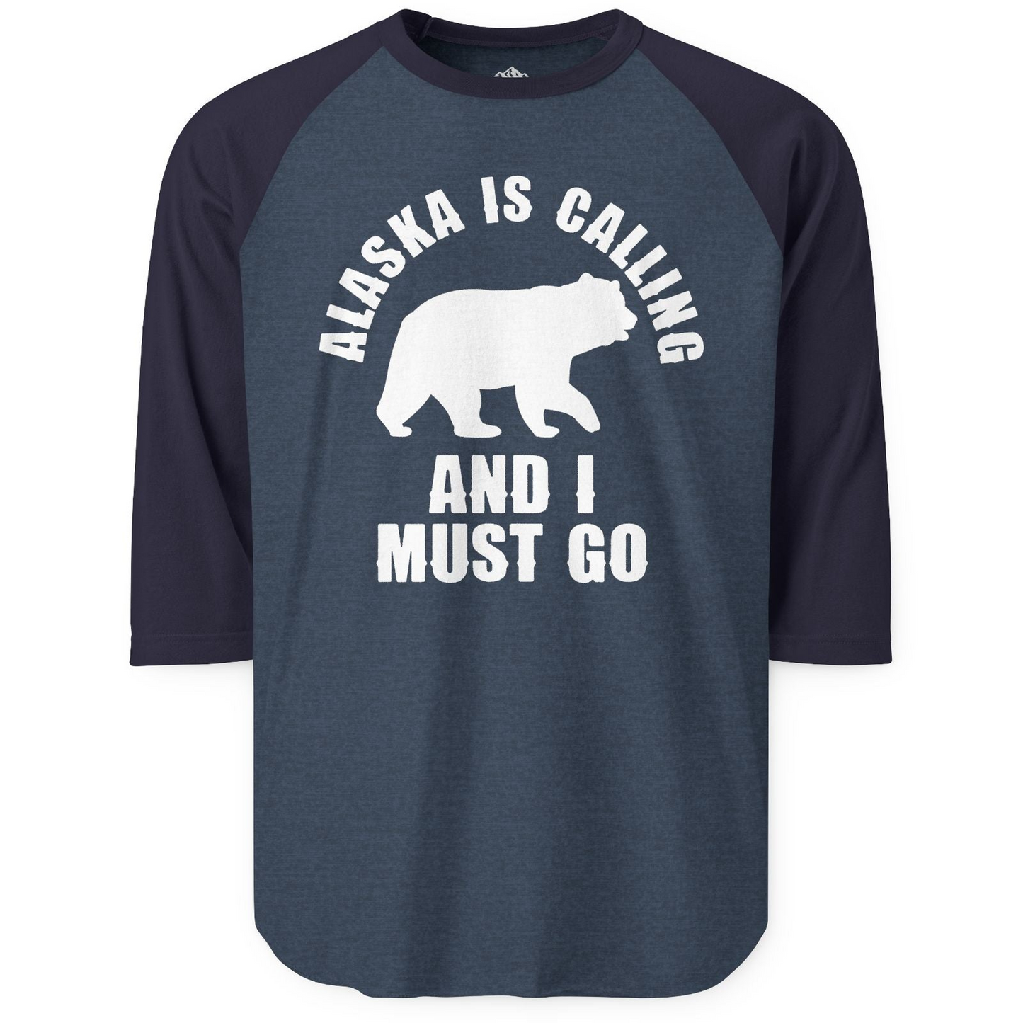 Alaska Is Calling Bear Silhouette Adventure Shirt - Bold Travel Quote Tee 3/4 Sleeve Raglan Shirt – Heather Denim/Navy – Alaska Cruise Shirts