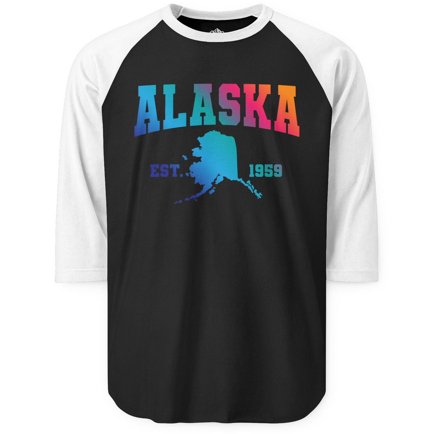 Retro Alaska Est 1959 Shirt - Bold Collegiate Map Gradient Design 3/4 Sleeve Raglan Shirt – Black/White – Alaska Cruise Shirts