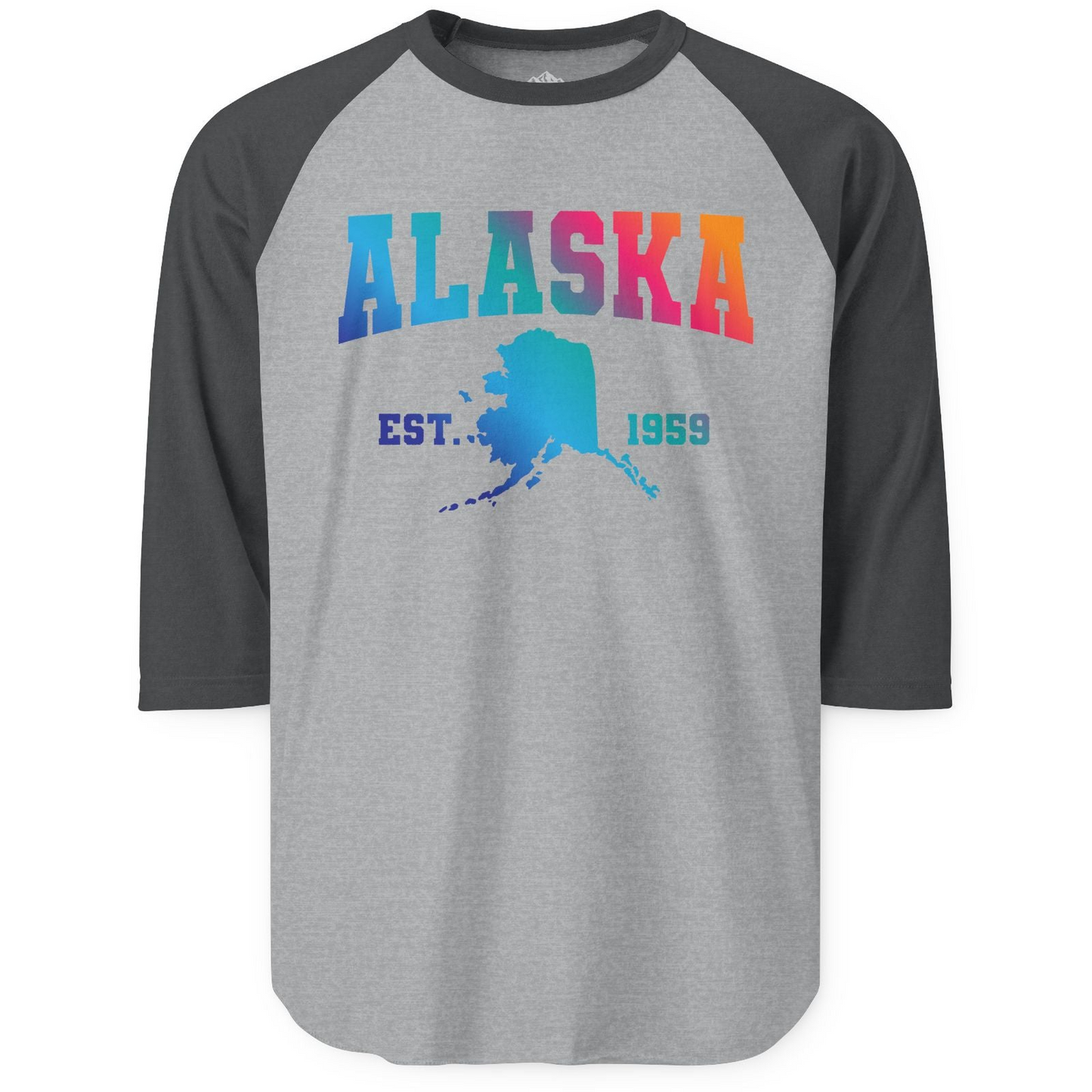 Retro Alaska Est 1959 Shirt - Bold Collegiate Map Gradient Design 3/4 Sleeve Raglan Shirt – Heather Grey/Heather Charcoal – Alaska Cruise Shirts