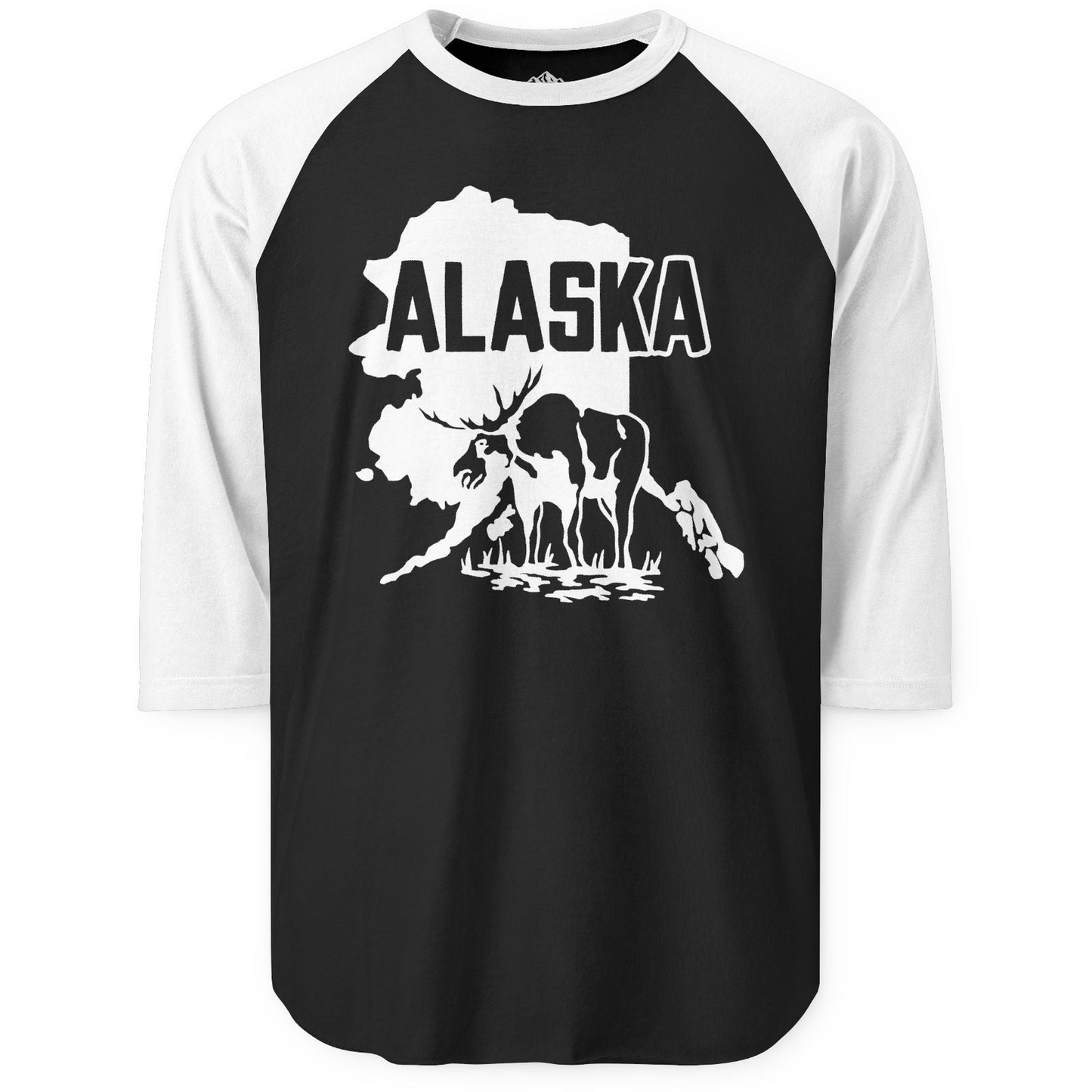Alaska Moose Silhouette Shirt - Bold State Outline Wildlife Graphic 3/4 Sleeve Raglan Shirt – Black/White – Alaska Cruise Shirts