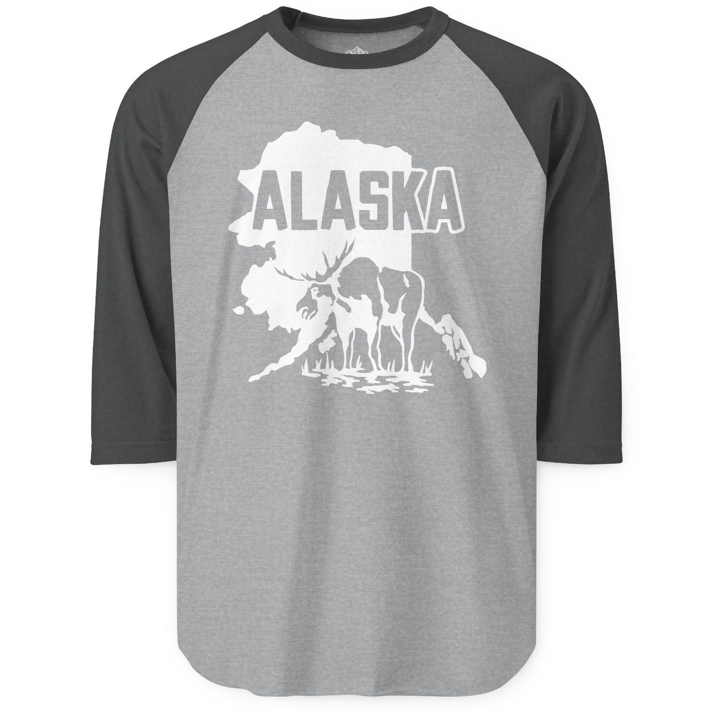 Alaska Moose Silhouette Shirt - Bold State Outline Wildlife Graphic 3/4 Sleeve Raglan Shirt – Heather Grey/Heather Charcoal – Alaska Cruise Shirts