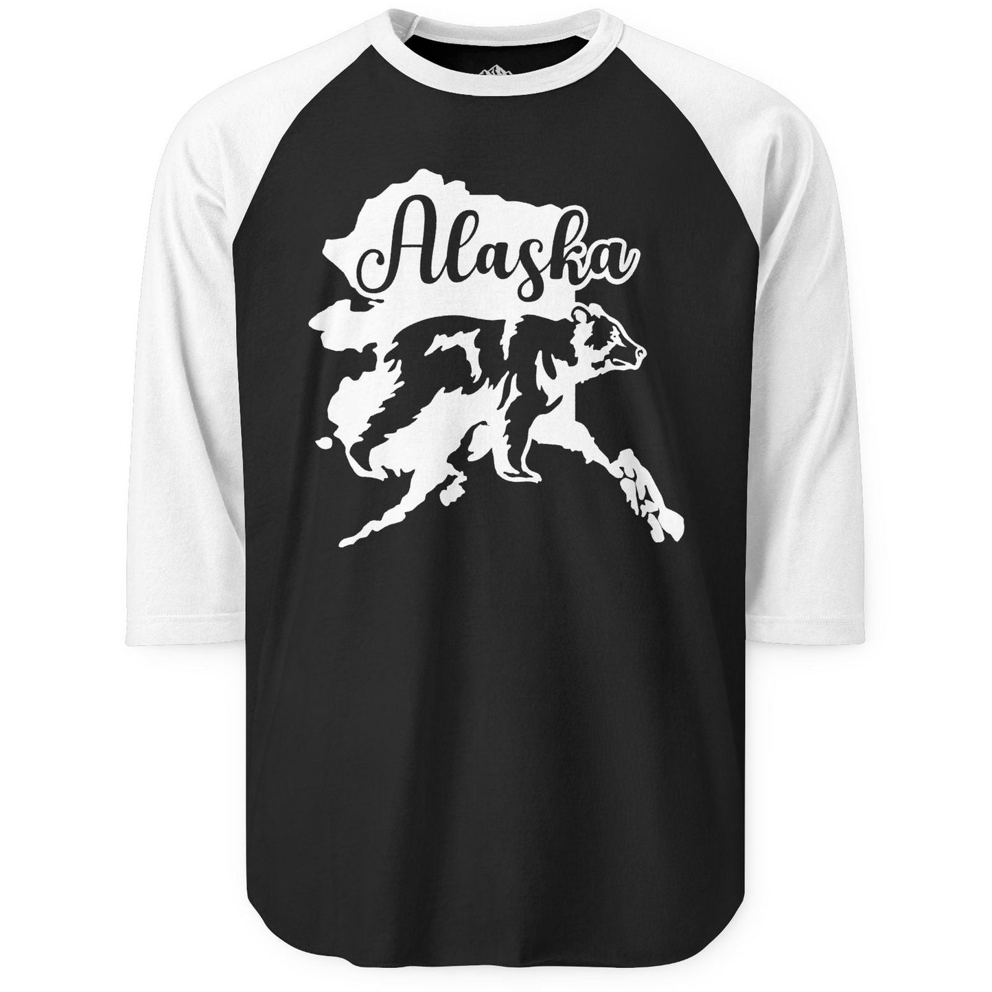 Alaska Bear Silhouette Shirt - Bold Wilderness Wildlife Graphic Tee 3/4 Sleeve Raglan Shirt – Black/White – Alaska Cruise Shirts