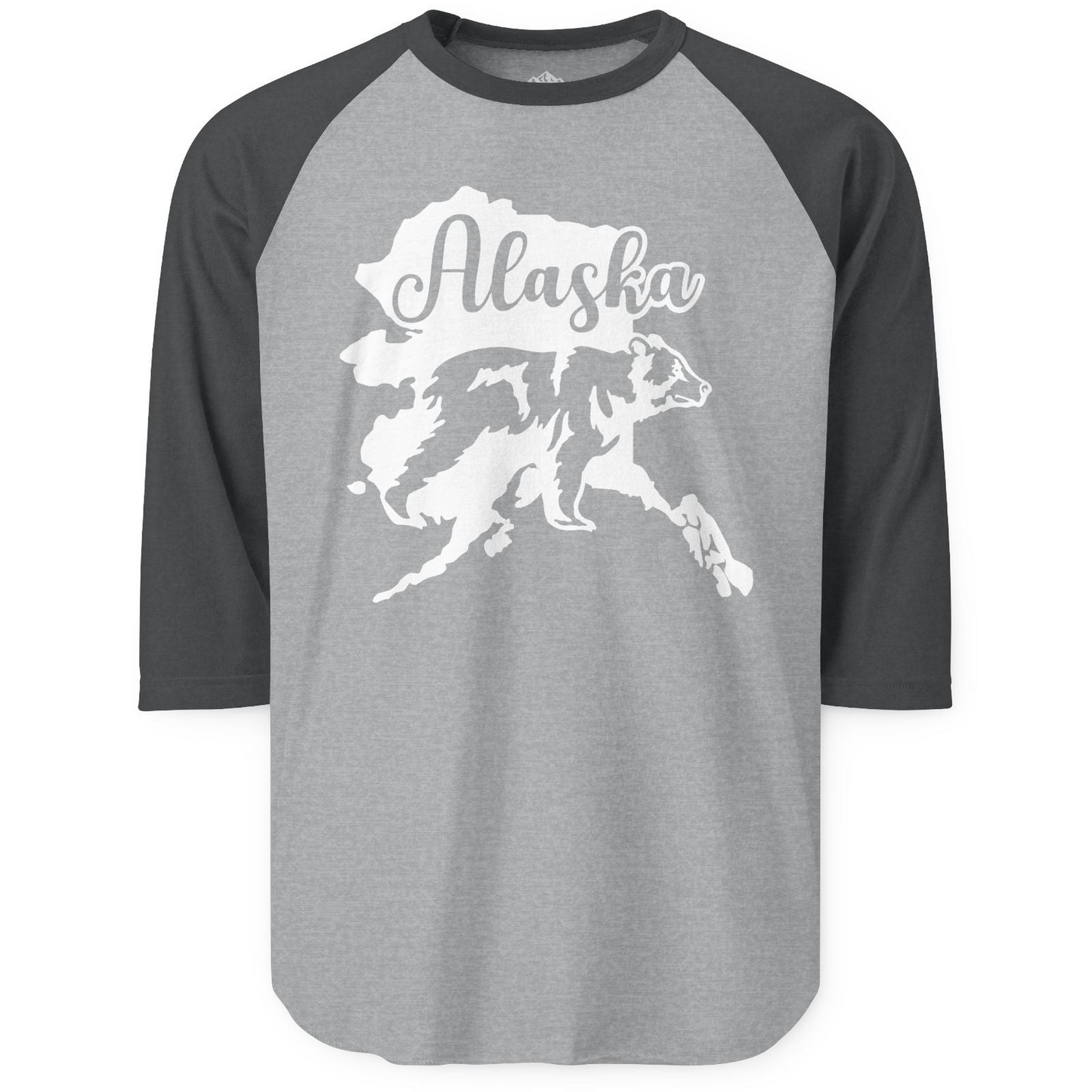 Alaska Bear Silhouette Shirt - Bold Wilderness Wildlife Graphic Tee 3/4 Sleeve Raglan Shirt – Heather Grey/Heather Charcoal – Alaska Cruise Shirts
