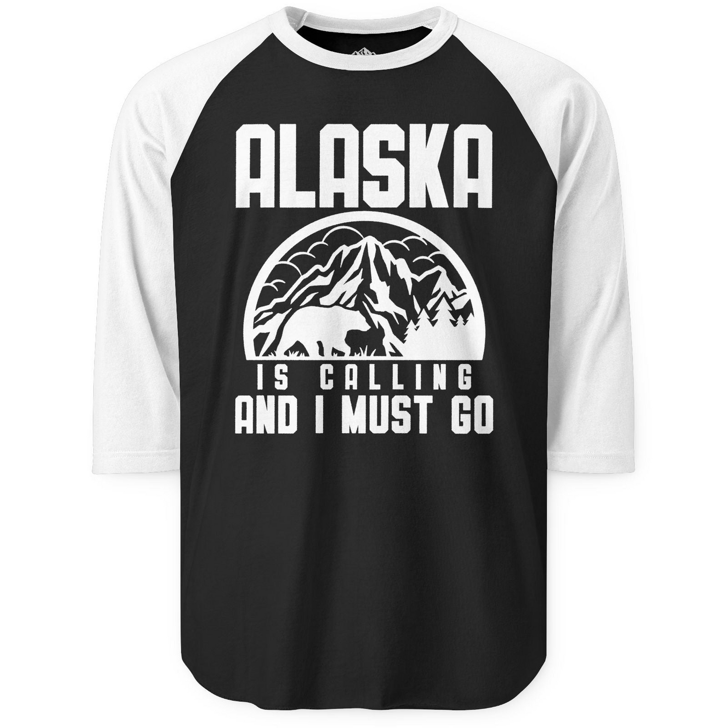 Alaska Is Calling Shirt - Mountain Bear Silhouette Adventure Tee 3/4 Sleeve Raglan Shirt – Black/White – Alaska Cruise Shirts