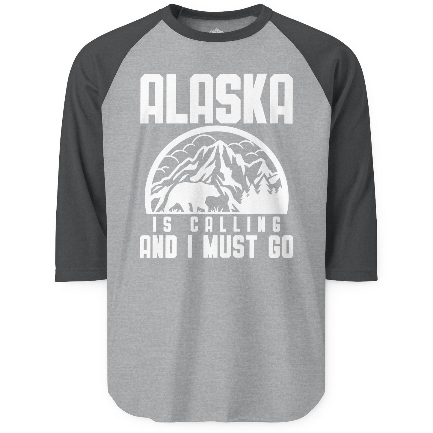 Alaska Is Calling Shirt - Mountain Bear Silhouette Adventure Tee 3/4 Sleeve Raglan Shirt – Heather Grey/Heather Charcoal – Alaska Cruise Shirts