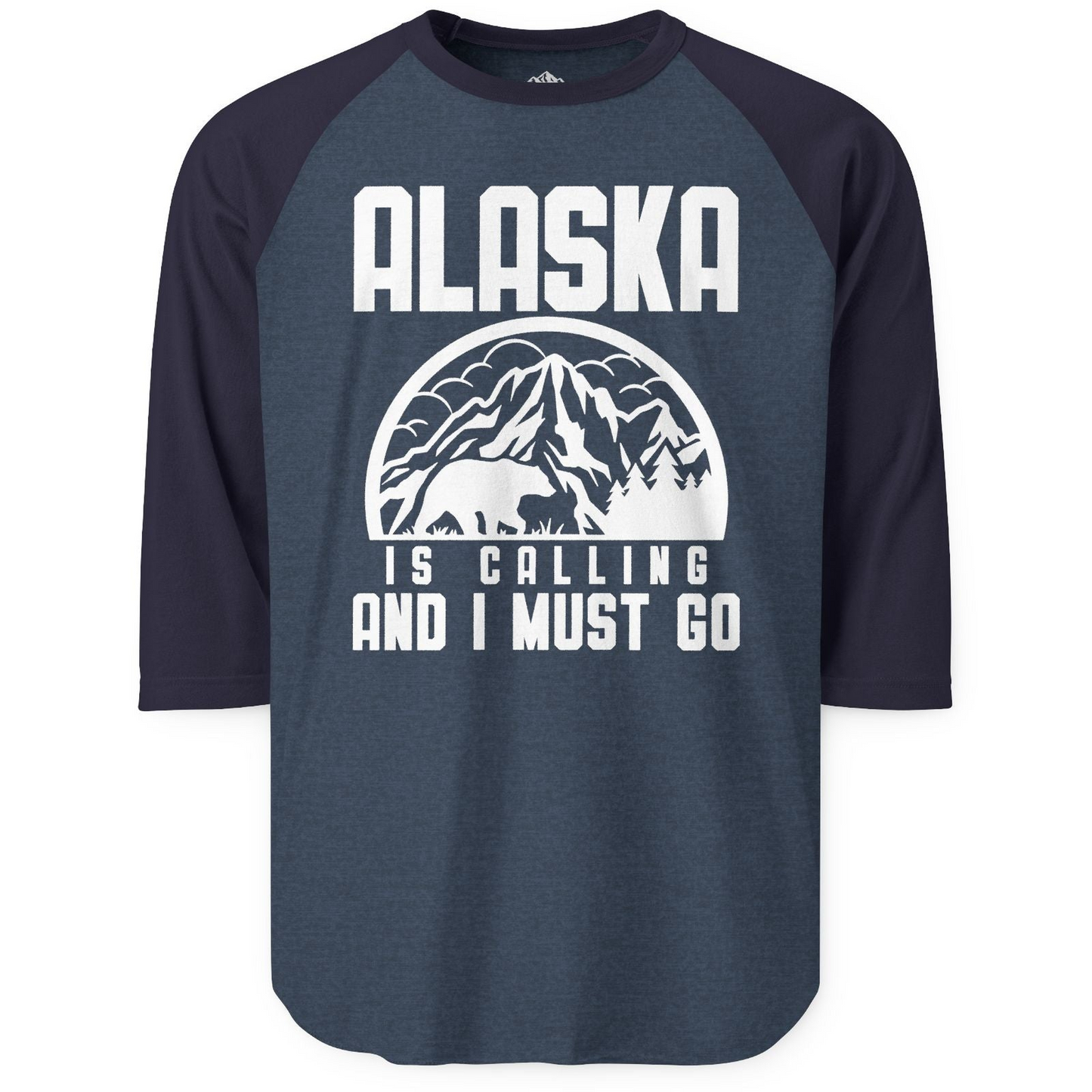 Alaska Is Calling Shirt - Mountain Bear Silhouette Adventure Tee 3/4 Sleeve Raglan Shirt – Heather Denim/Navy – Alaska Cruise Shirts