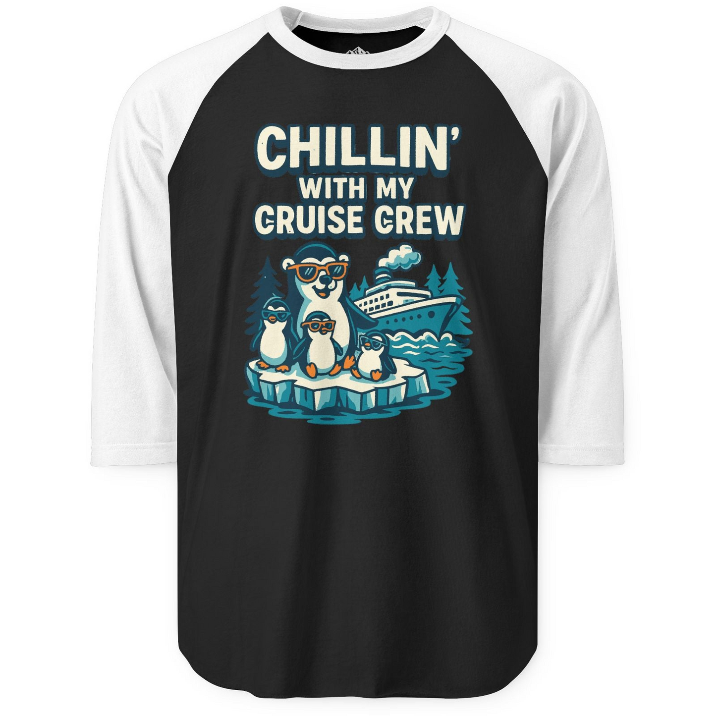 Chillin With My Cruise Crew Cute Penguins Alaska Cartoon Shirt 3/4 Sleeve Raglan Shirt – Black/White – Alaska Cruise Shirts