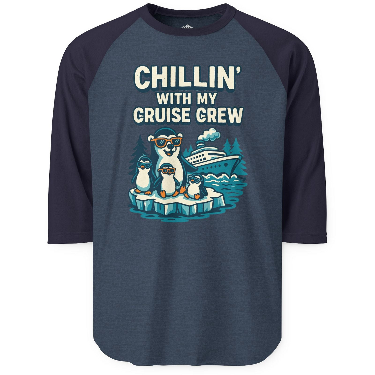 Chillin With My Cruise Crew Cute Penguins Alaska Cartoon Shirt 3/4 Sleeve Raglan Shirt – Heather Denim/Navy – Alaska Cruise Shirts
