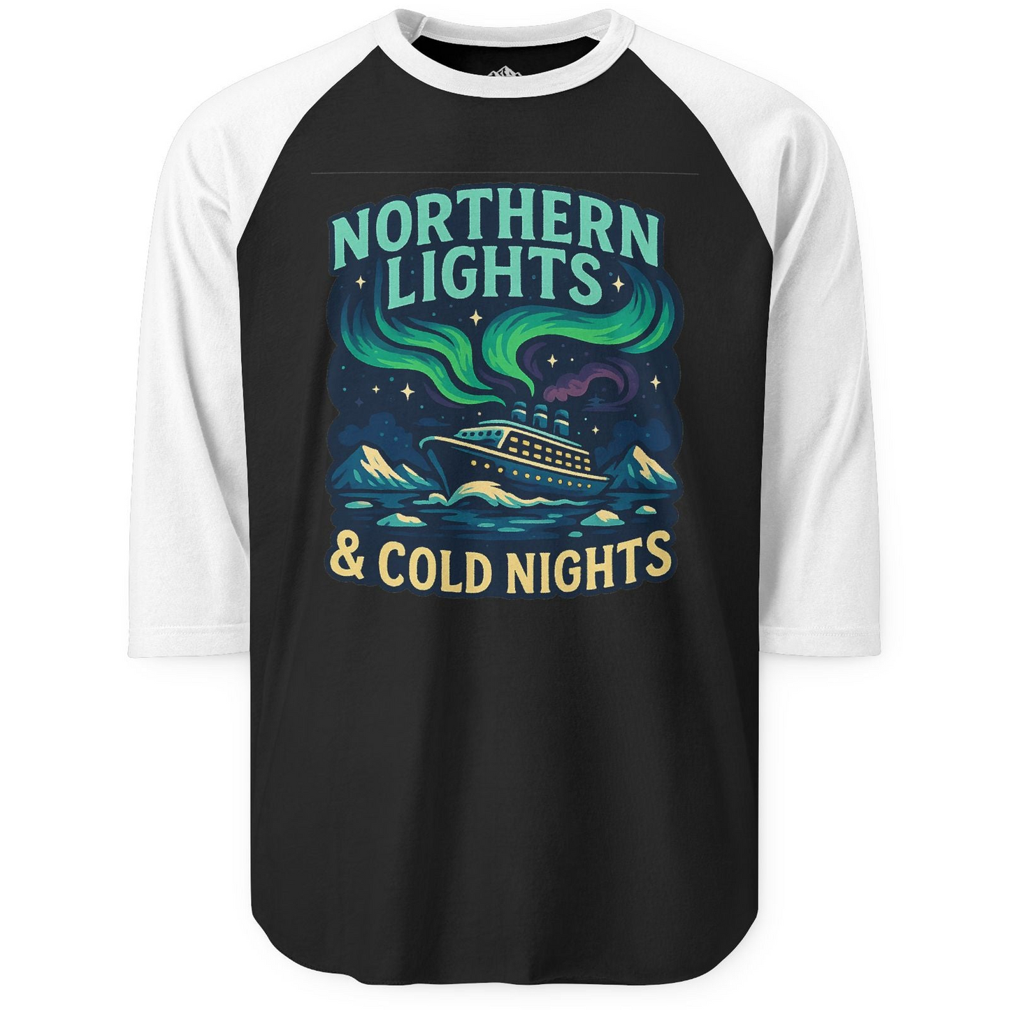 Northern Lights Alaska Cruise Ship Night Adventure Travel Shirt 3/4 Sleeve Raglan Shirt – Black/White – Alaska Cruise Shirts