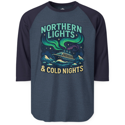 Northern Lights Alaska Cruise Ship Night Adventure Travel Shirt 3/4 Sleeve Raglan Shirt – Heather Denim/Navy – Alaska Cruise Shirts
