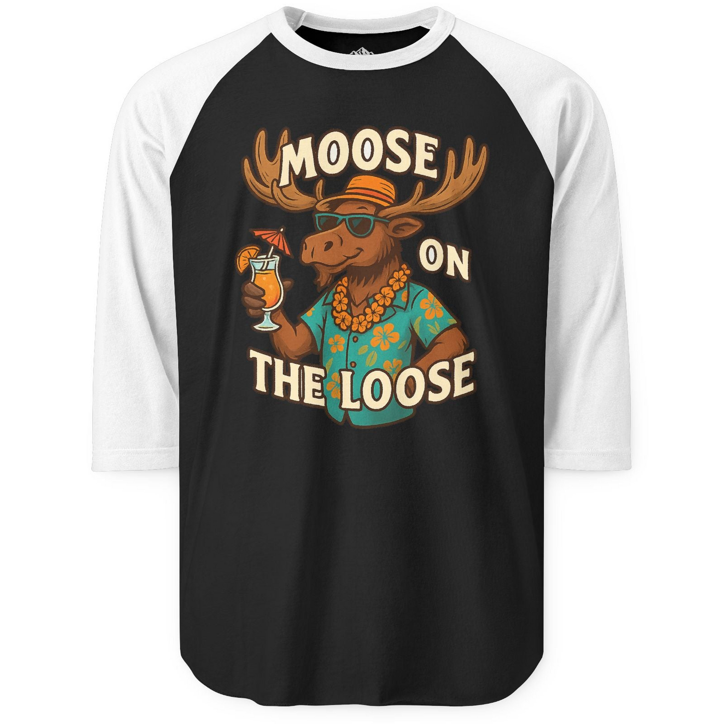 Moose On The Loose Funny Tropical Cartoon Vacation Shirt 3/4 Sleeve Raglan Shirt – Black/White – Alaska Cruise Shirts