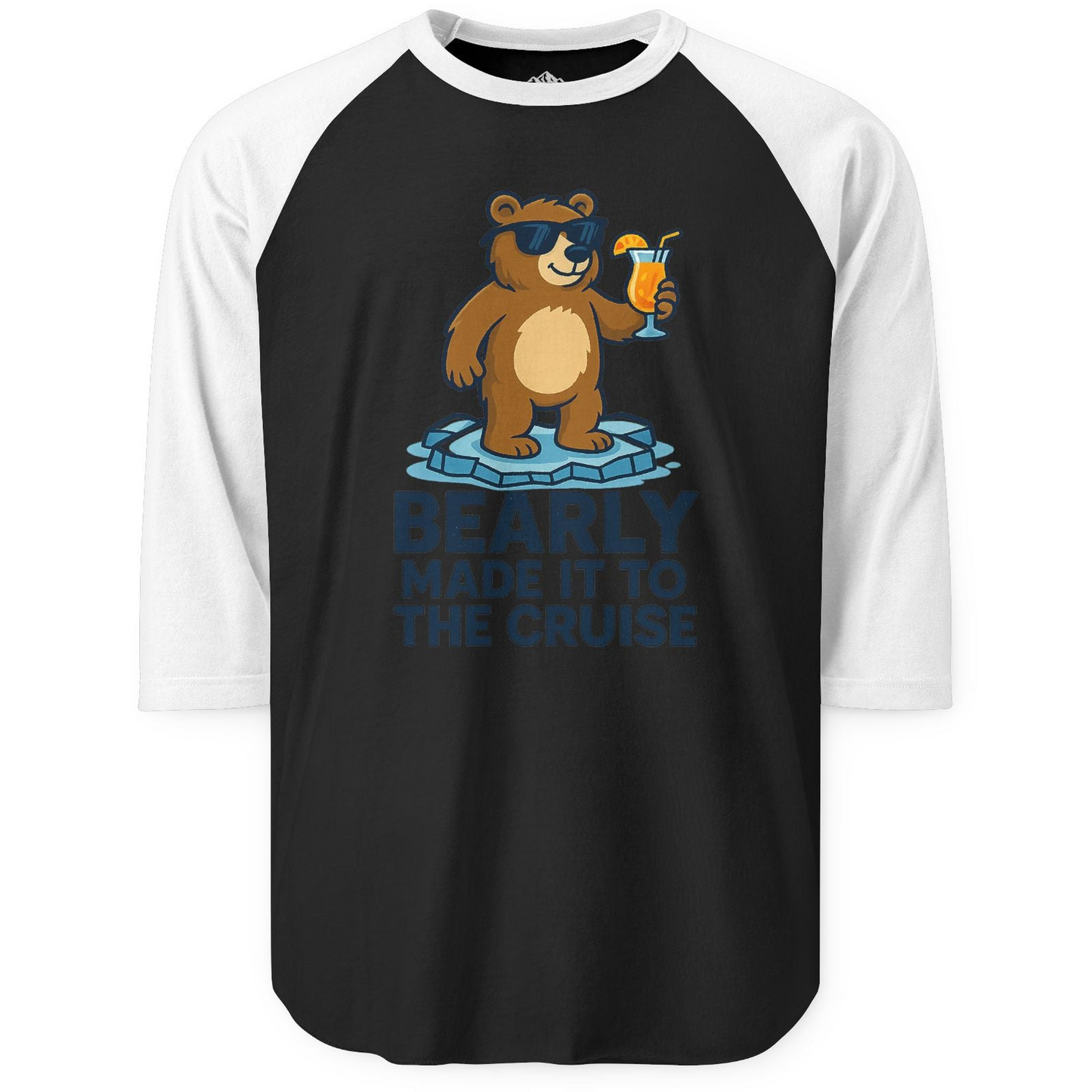 Bear Cruise Shirt - Funny Cartoon Bear With Sunglasses on Vacation 3/4 Sleeve Raglan Shirt – Black/White – Alaska Cruise Shirts