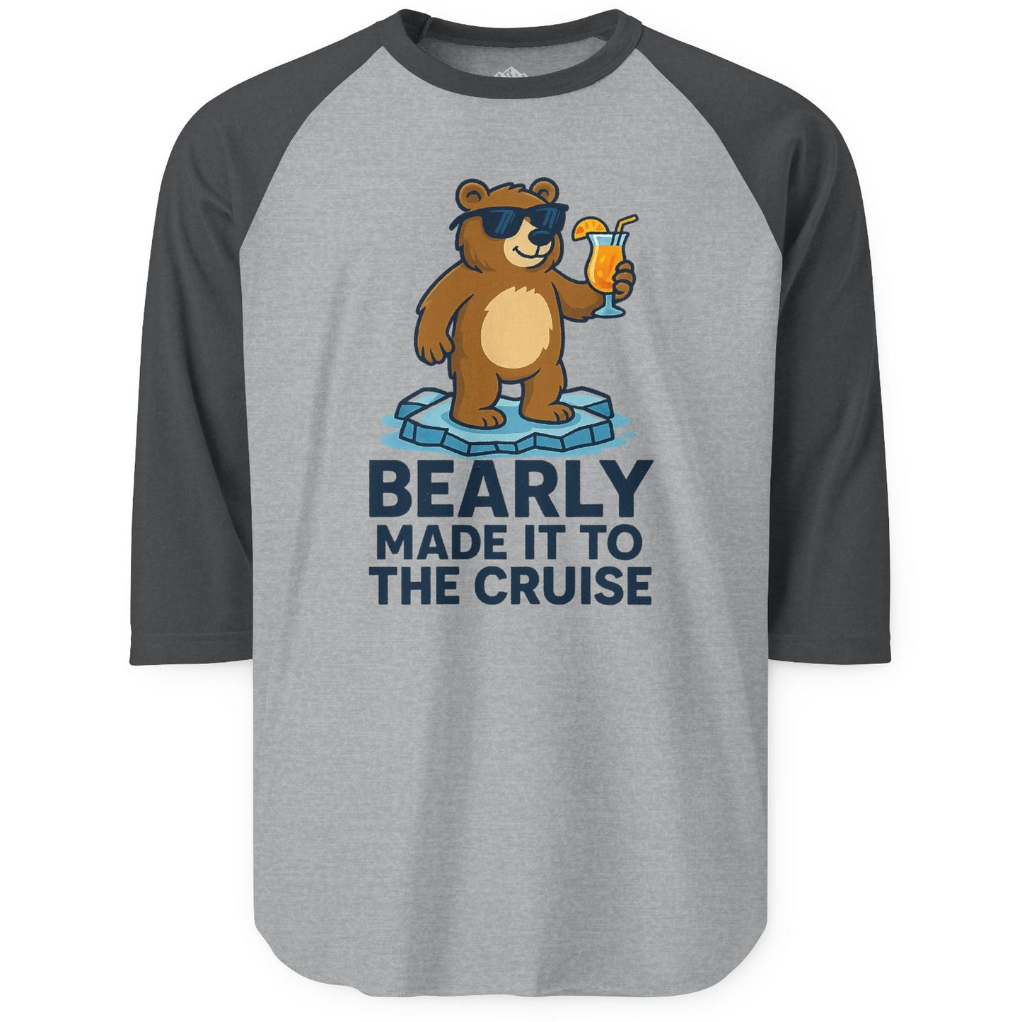 Bear Cruise Shirt - Funny Cartoon Bear With Sunglasses on Vacation 3/4 Sleeve Raglan Shirt – Heather Grey/Heather Charcoal – Alaska Cruise Shirts