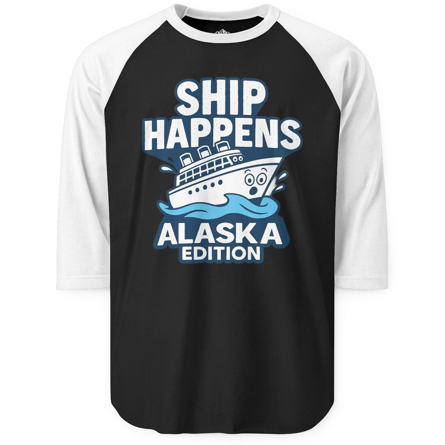 Ship Happens Alaska Cruise Shirt - Funny Cartoon Cruise Pun Tee 3/4 Sleeve Raglan Shirt – Black/White – Alaska Cruise Shirts