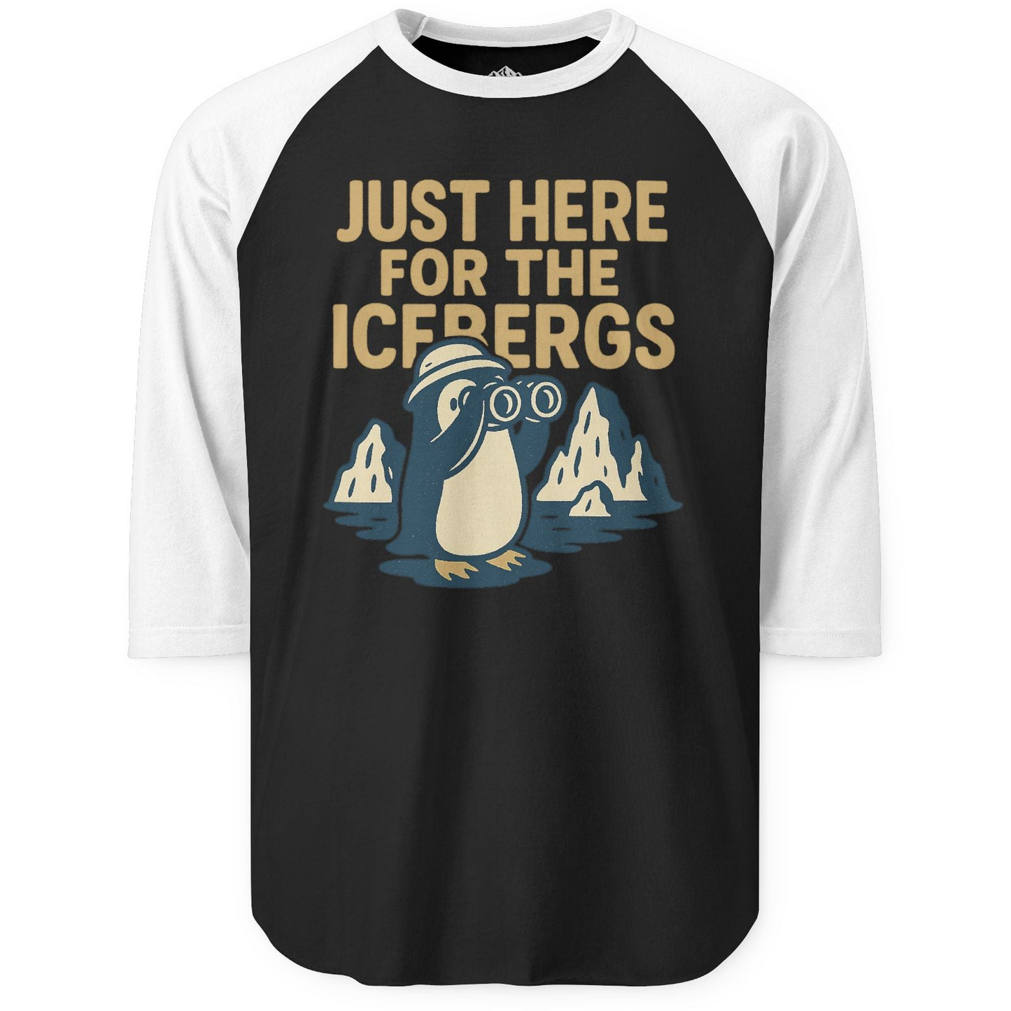 Just Here For The Icebergs Penguin Shirt - Funny Alaska Cruise Tee 3/4 Sleeve Raglan Shirt – Black/White – Alaska Cruise Shirts