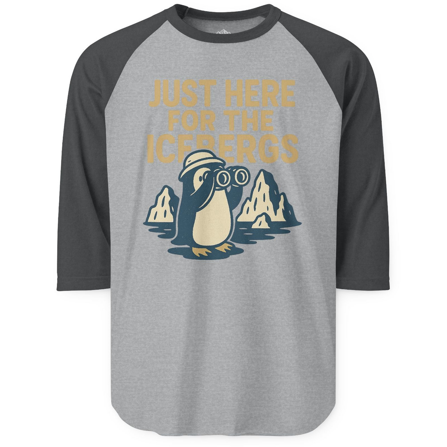 Just Here For The Icebergs Penguin Shirt - Funny Alaska Cruise Tee 3/4 Sleeve Raglan Shirt – Heather Grey/Heather Charcoal – Alaska Cruise Shirts