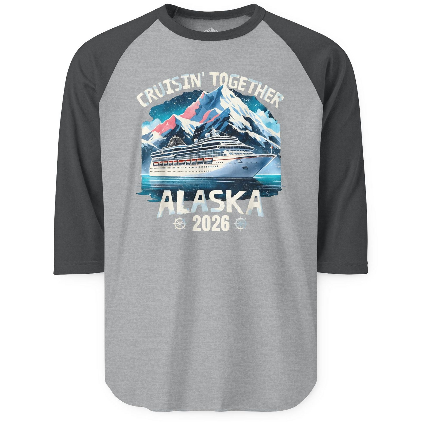 Alaska Cruise 2026 Shirt - Vintage Mountains and Cruise Ship Adventure 3/4 Sleeve Raglan Shirt – Heather Grey/Heather Charcoal – Alaska Cruise Shirts