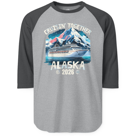 Alaska Cruise 2026 Shirt - Vintage Mountains and Cruise Ship Adventure 3/4 Sleeve Raglan Shirt – Heather Grey/Heather Charcoal – Alaska Cruise Shirts