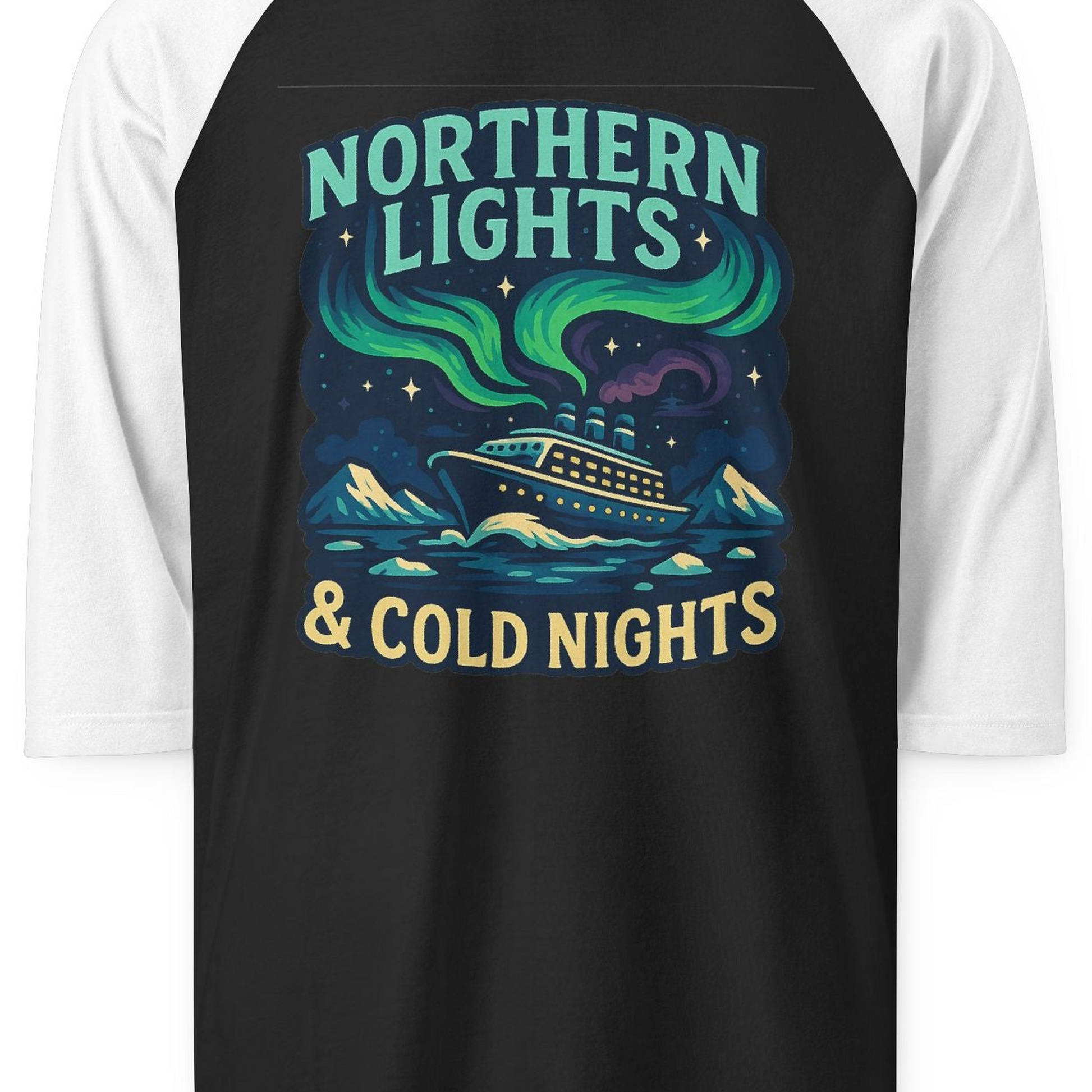 Northern Lights Alaska Cruise Ship Night Adventure Travel Shirt 3/4 Sleeve Raglan Shirt – Black/White – Alaska Cruise Shirts