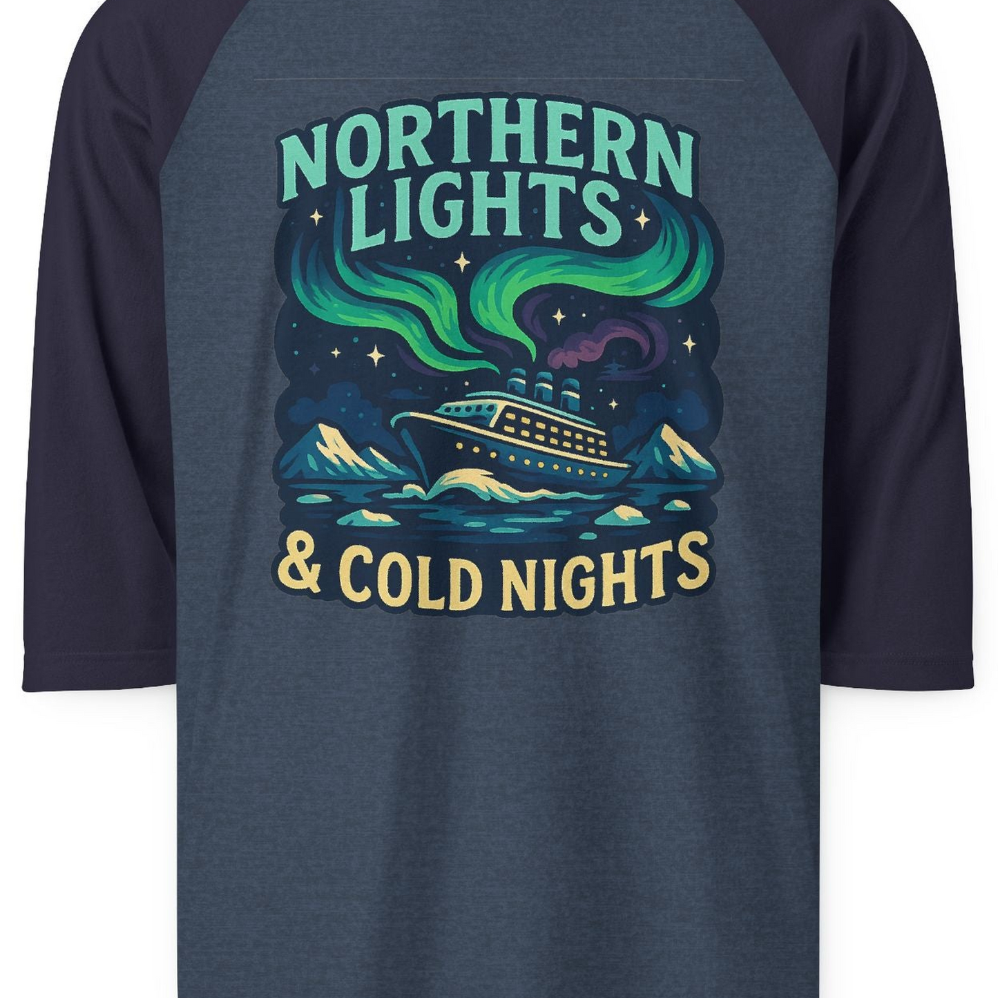 Northern Lights Alaska Cruise Ship Night Adventure Travel Shirt 3/4 Sleeve Raglan Shirt – Heather Denim/Navy – Alaska Cruise Shirts