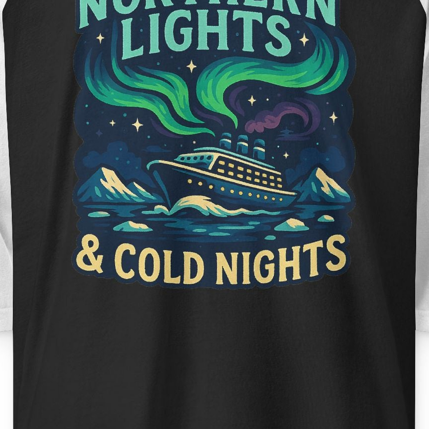 Northern Lights Alaska Cruise Ship Night Adventure Travel Shirt 3/4 Sleeve Raglan Shirt – Black/White – Alaska Cruise Shirts Close Up
