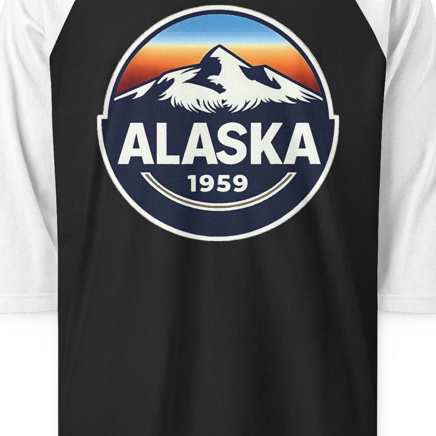 Alaska 1959 Retro Mountain Sunset Badge 3/4 sleeve shirt Vintage Statehood 3/4 sleeve shirt — 3/4 Sleeve 3/4 Sleeve Raglan Shirt – Black/White – Alaska Cruise Shirts Close Up