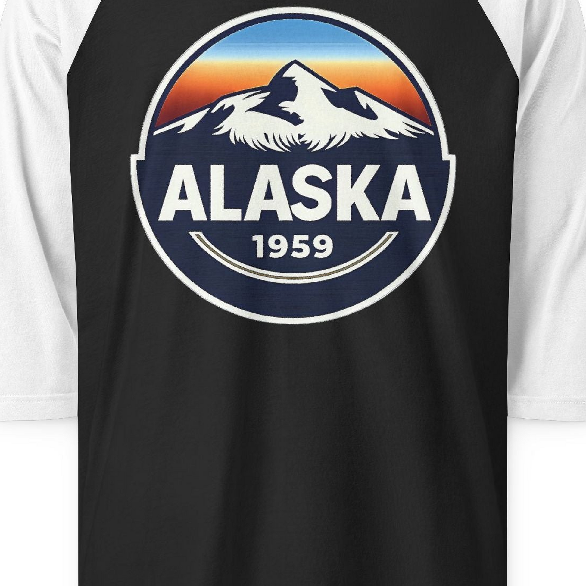 Alaska 1959 Retro Mountain Sunset Badge 3/4 sleeve shirt Vintage Statehood 3/4 sleeve shirt — 3/4 Sleeve 3/4 Sleeve Raglan Shirt – Black/White – Alaska Cruise Shirts Close Up