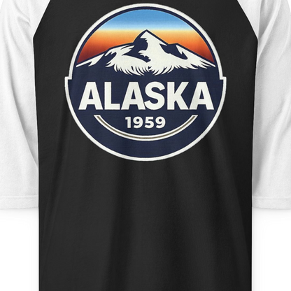 Alaska 1959 Retro Mountain Sunset Badge 3/4 sleeve shirt Vintage Statehood 3/4 sleeve shirt — 3/4 Sleeve 3/4 Sleeve Raglan Shirt – Black/White – Alaska Cruise Shirts Close Up