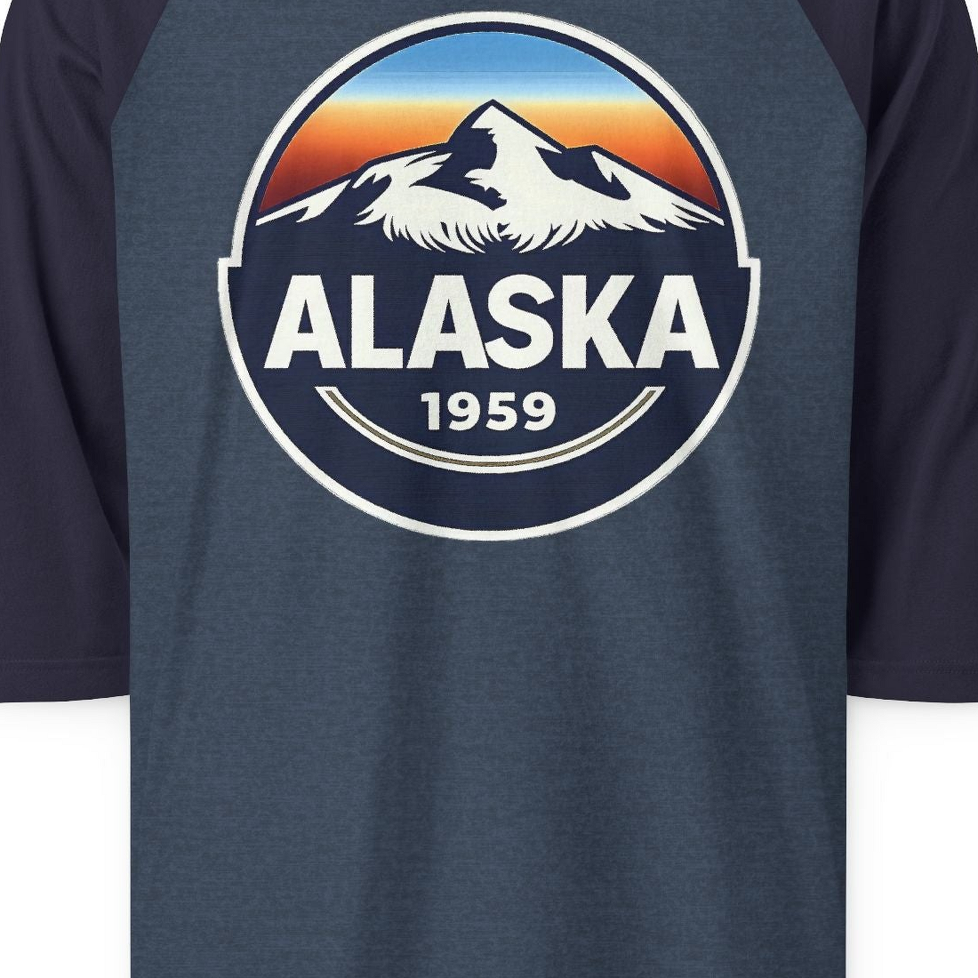 Alaska 1959 Retro Mountain Sunset Badge 3/4 sleeve shirt Vintage Statehood 3/4 sleeve shirt — 3/4 Sleeve 3/4 Sleeve Raglan Shirt – Heather Denim/Navy – Alaska Cruise Shirts Close Up