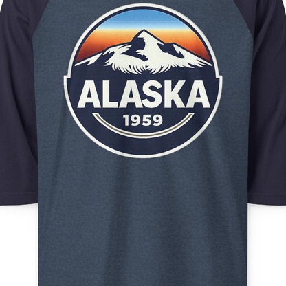 Alaska 1959 Retro Mountain Sunset Badge 3/4 sleeve shirt Vintage Statehood 3/4 sleeve shirt — 3/4 Sleeve 3/4 Sleeve Raglan Shirt – Heather Denim/Navy – Alaska Cruise Shirts Close Up