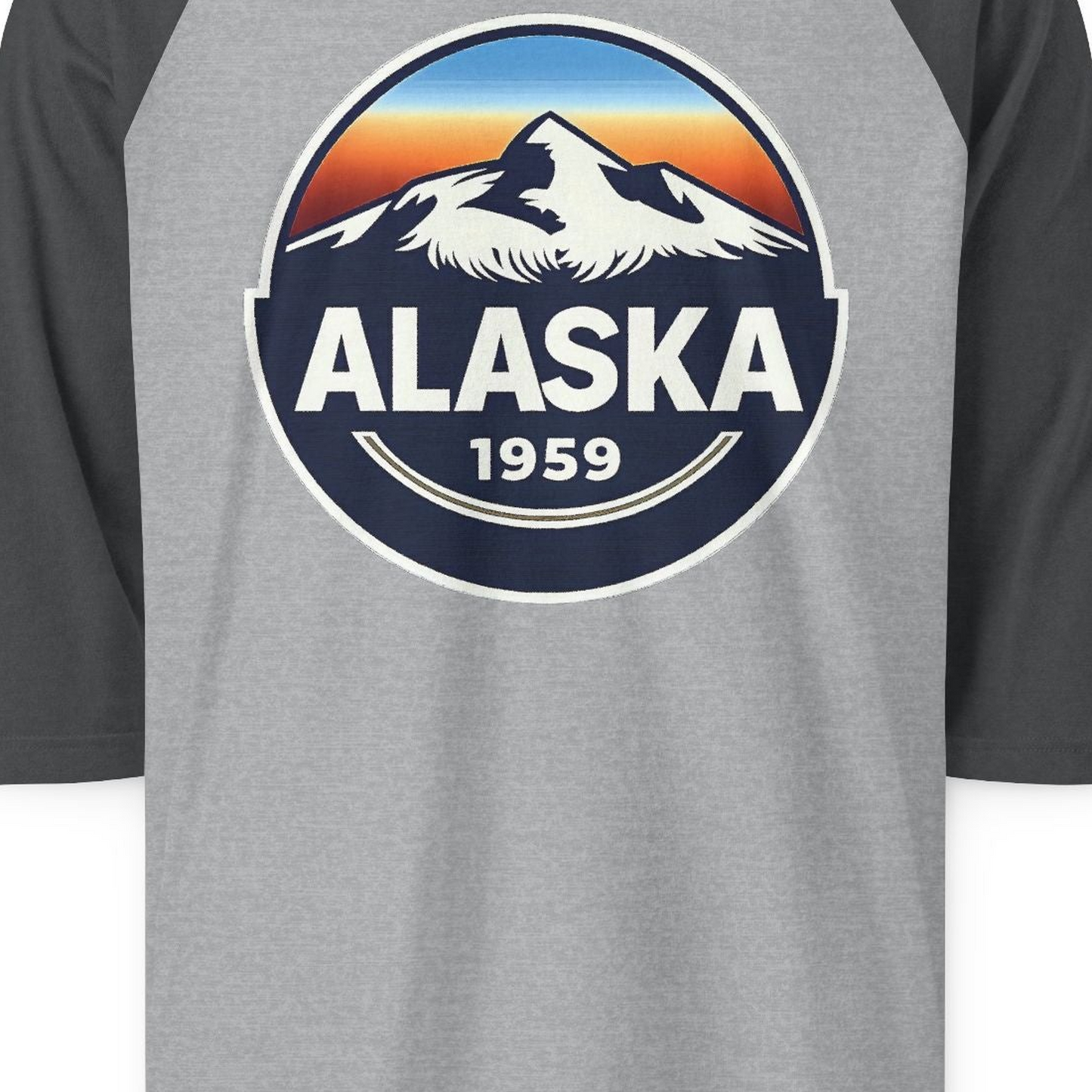 Alaska 1959 Retro Mountain Sunset Badge 3/4 sleeve shirt Vintage Statehood 3/4 sleeve shirt — 3/4 Sleeve 3/4 Sleeve Raglan Shirt – Heather Grey/Heather Charcoal – Alaska Cruise Shirts Close Up
