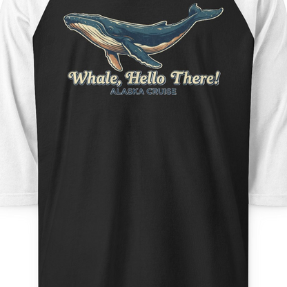 Whale Hello There Alaska Cruise 3/4 sleeve shirt 3/4 Sleeve Raglan Shirt – Black/White – Alaska Cruise Shirts Close Up