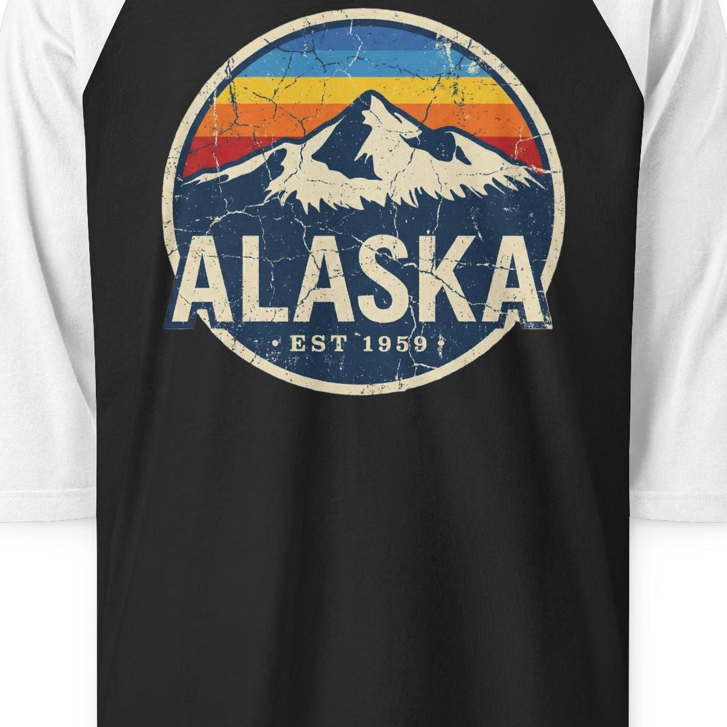 Alaska Vintage 3/4 sleeve shirt 3/4 Sleeve Raglan Shirt – Black/White – Alaska Cruise Shirts Close Up