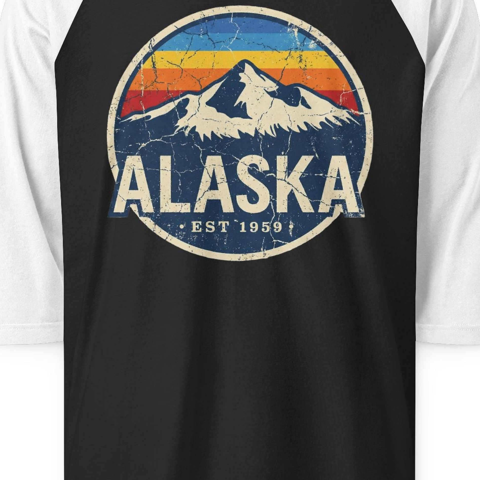 Alaska Vintage 3/4 sleeve shirt 3/4 Sleeve Raglan Shirt – Black/White – Alaska Cruise Shirts Close Up