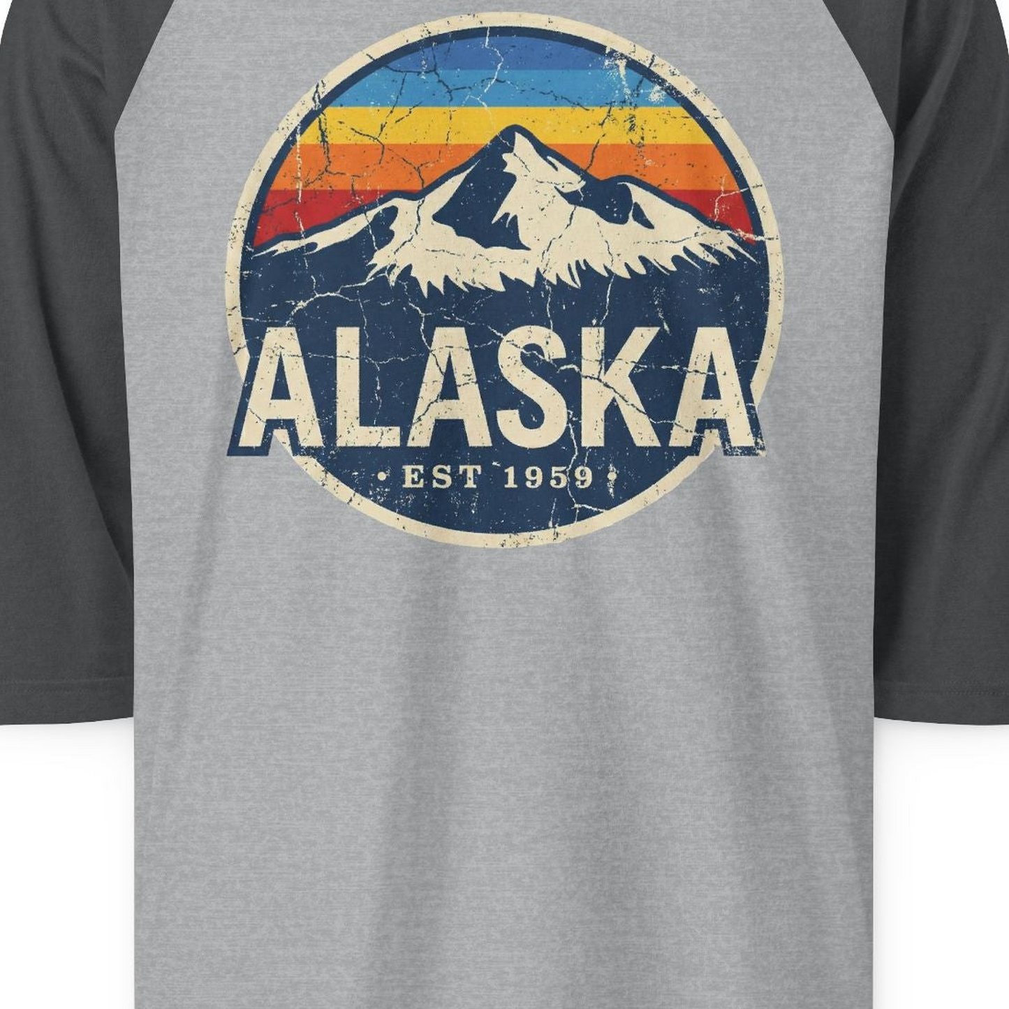 Alaska Vintage 3/4 sleeve shirt 3/4 Sleeve Raglan Shirt – Heather Grey/Heather Charcoal – Alaska Cruise Shirts Close Up